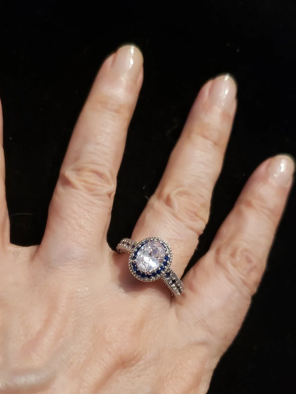 NEW Sapphire Statement Ring (Created), S925 Stamped, Sz 8.5, White & Blue Stones